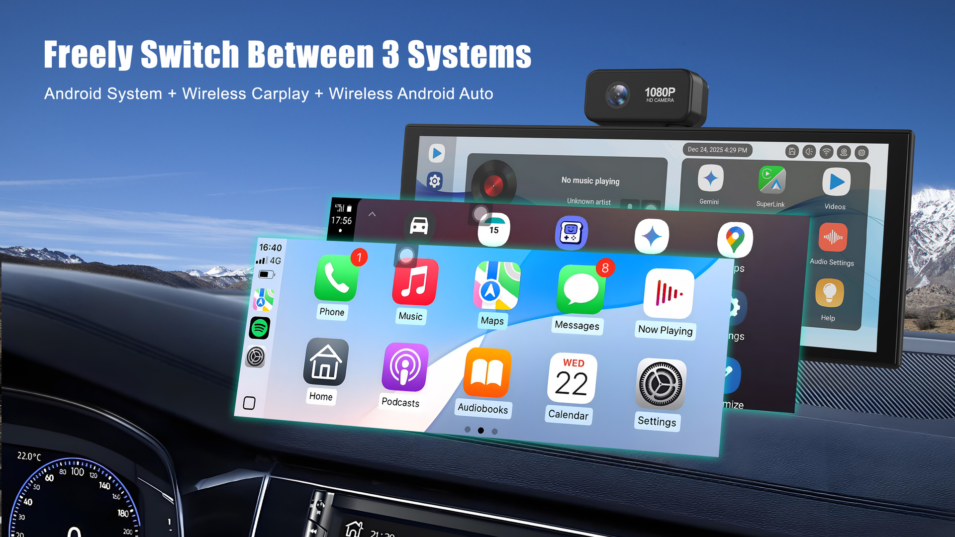11.4inch Dashcam with Front and Rear Dual Recording, Wireless Carplay, Smart Screen, In-Car Navigation, Large Car Screen