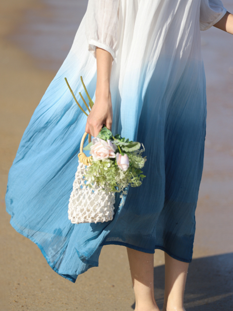 2024 Summer Loose Plus-Size Robe, Chinese Style Gradient Lightweight Ramie Zen Tea Dress, Double-Layered Large Hem Skirt_ecoleips.com