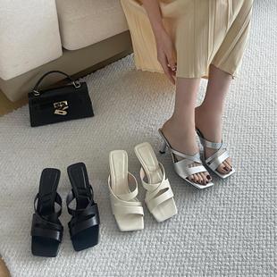 2025 Summer New French Style Square Toe Soft Leather High Heel Sandals Women's Thin Heel Slide Slide Outer Wear Open Toe Sandals