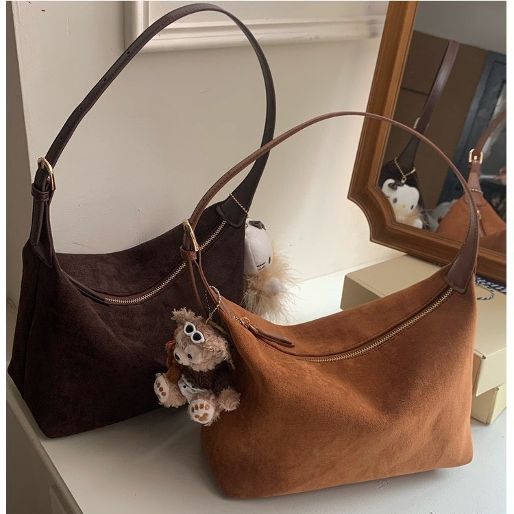 Retro suede one-shoulder bag, shoulder bag, Korean style