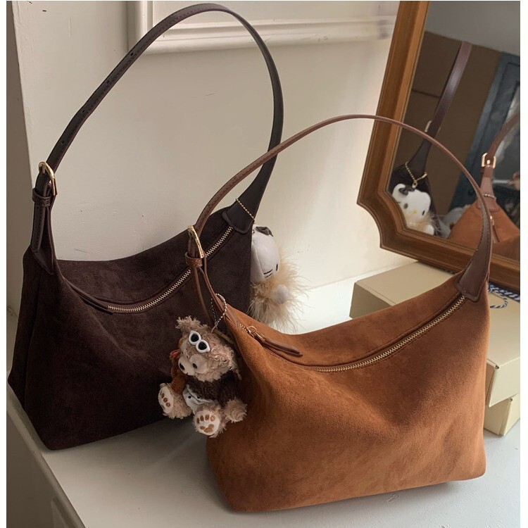 Korean Style Retro High-End Suede Simple Underarm Dumpling Bag Simple Commuter Deerskin Velvet Shoulder Satchel Crossbody Bag