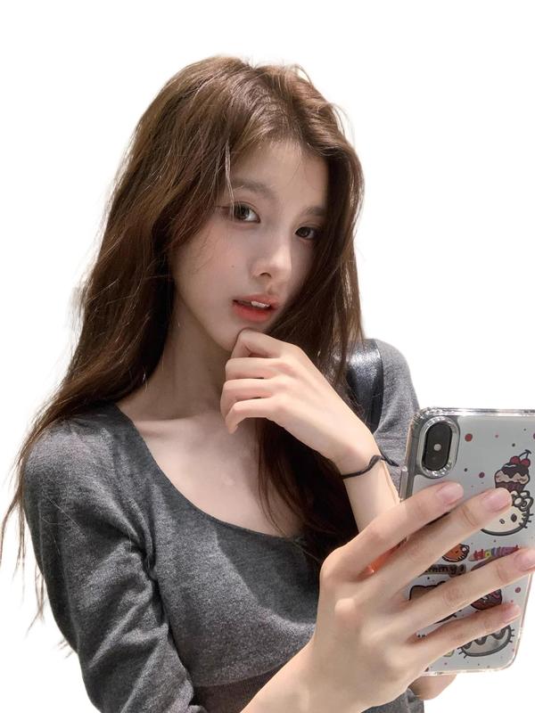 灰色U领长袖T恤女夏季薄款设计感纯欲辣妹紧身修身小个子短款上衣|undefined