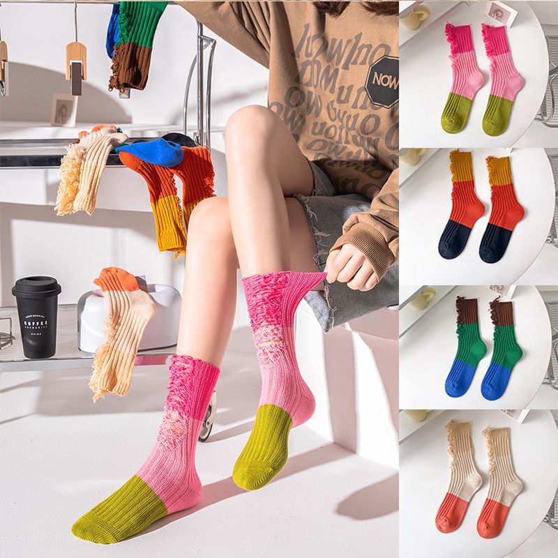 Ripped Patchwork Socks for Women, New Autumn and Winter Mid-Calf Socks with Contrasting Color Stitching, Slouch Socks, Cotton Socks with Contrasting Color Design Ripped Patchwork Socks for Women, New Autumn and Winter Mid-Calf Socks with Contrasting Color Stitching, Slouch Socks, Cotton Socks with Contrasting Color Design