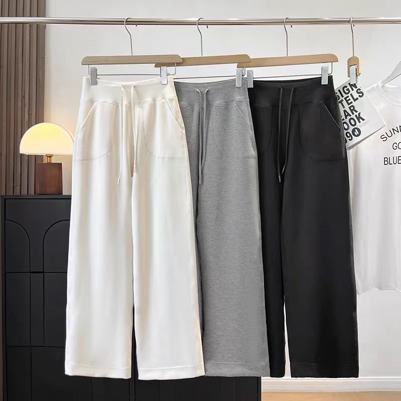 Lu Style! Stretchy Nude-Feel Skin-Friendly Drawstring High-Waisted Slimming Modal Relaxed Casual Wide-Leg Pants for Women in Autumn
