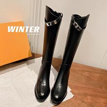 真皮欧美胖mm粗腿大筒围锁扣长筒靴时尚女骑士靴秋冬加绒平底大码