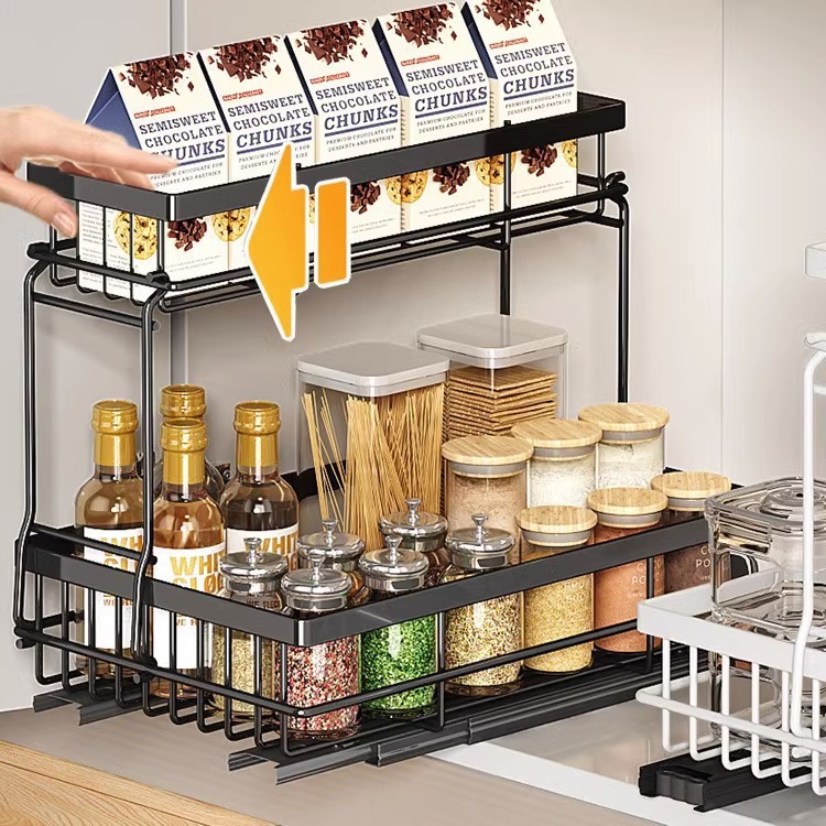 水槽下拉籃置物架抽屜式調味瓶收納架帶滑軌分層下水槽收納籃批發