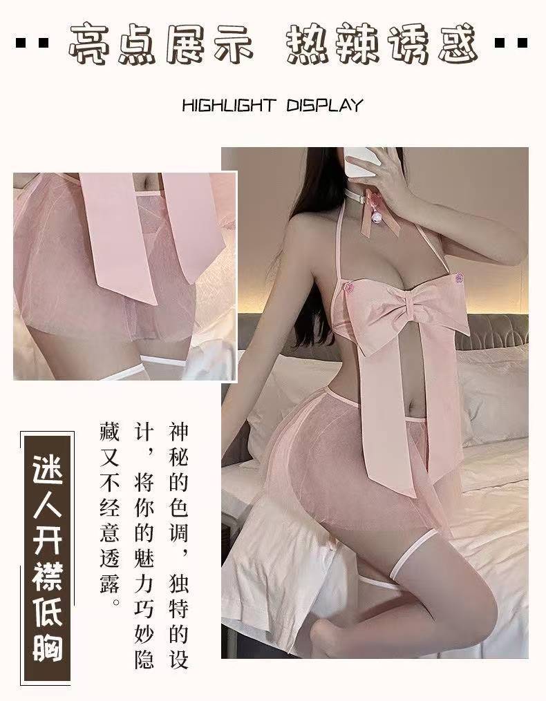 Pink Bow Three-Piece Lingerie Set with Mesh Overlay, Collar Bell and White Tights — detail image 8