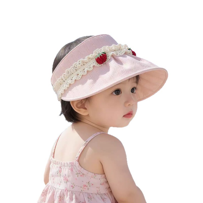 Chapéu de Sol Infantil Casual com Proteção Solar UPF 50+ para Bebês, Ideal para Primavera e Verão, Estilo Coreano com Topo Aberto, Estampa de Morango, Aba Larga, Chapéu de Proteção Solar Infantil para Uso Externo._voghion.com