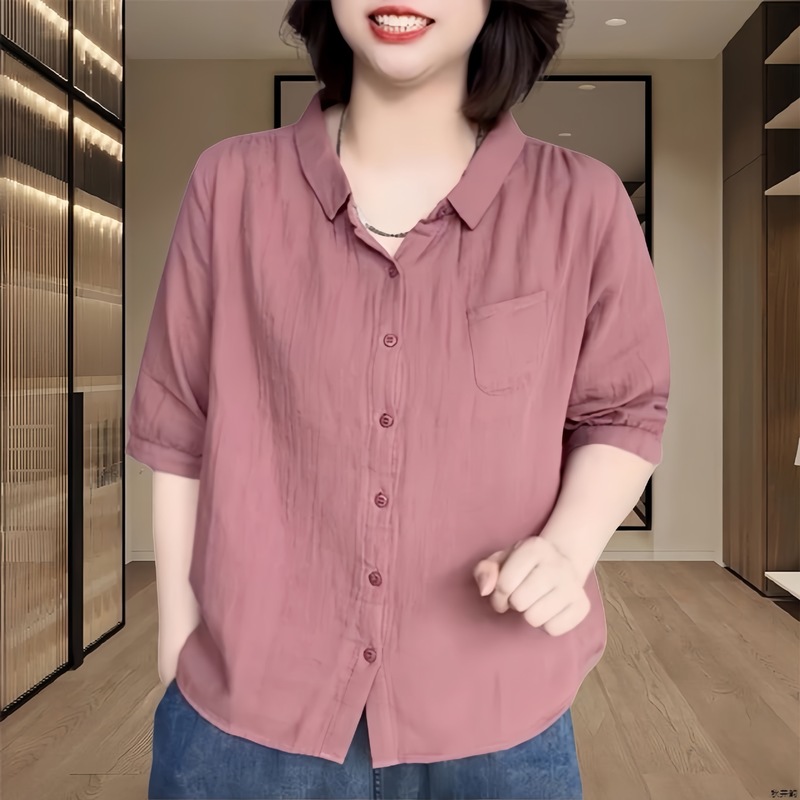 Short-Sleeved Solid Color Single-Row Multi-Button Slim Cotton and Linen Shirt Design Thin Shirt Top Fashionable and Versatile