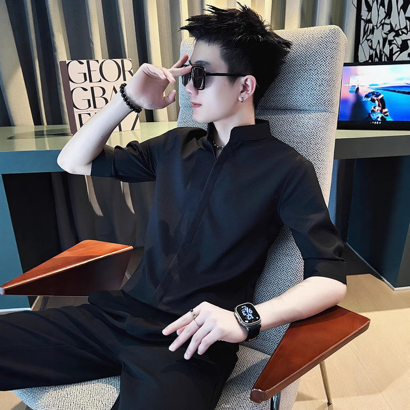 Waffle Shirt Men's Short-Sleeved Summer Handsome Stand-Up Collar Shirt Men's 2025 New Summer Men's Mid-Sleeve Top