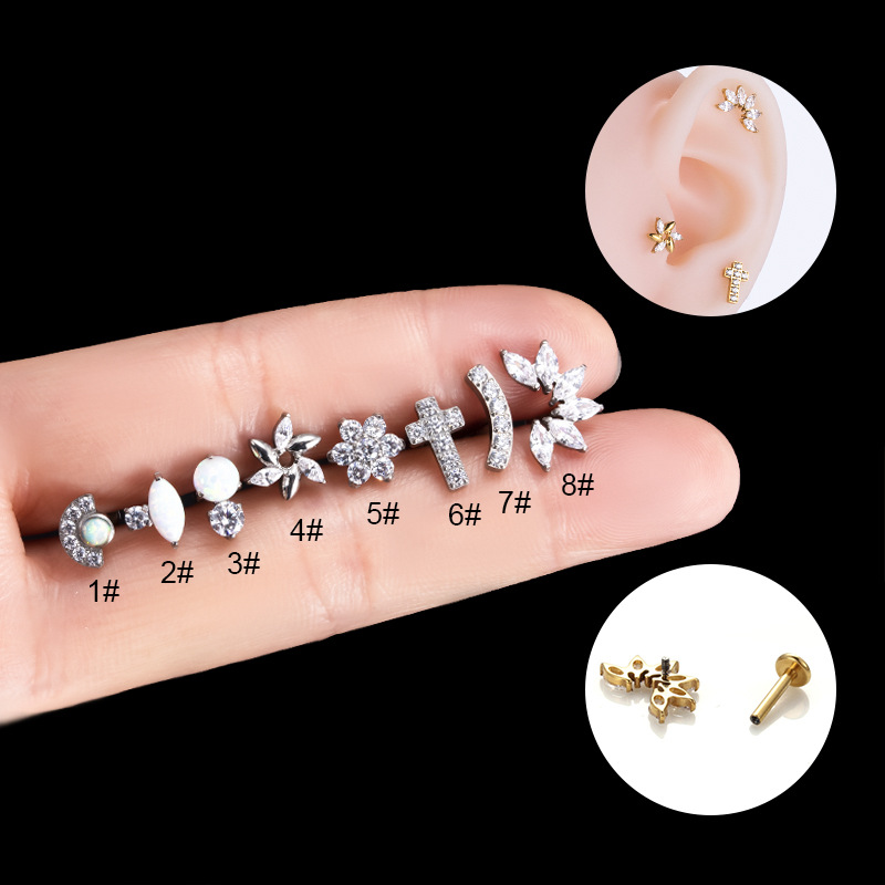 2g Weight Zircon Inlay Material Ear Studs Classification 1 Piece Quantity 1 Piece Ear Cartilage Rings & Studs Classic Style Flower Pure Titanium Inlay Zircon