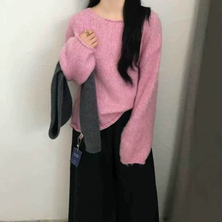 拉毛花线慵懒风撞色领口针织衫女秋冬新款宽松软糯氛围感保暖上衣