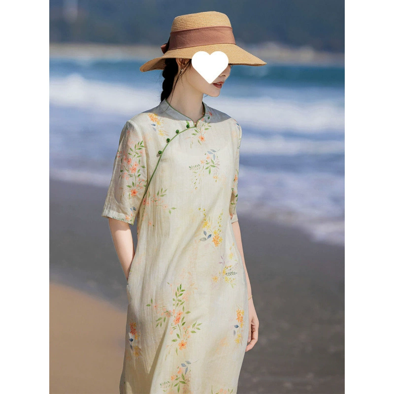 Новое весенне-летнее платье в китайском стиле в этническом стиле с воротником-стойкой, тонкое платье, миниатюрное модное повседневное длинное платье из рами