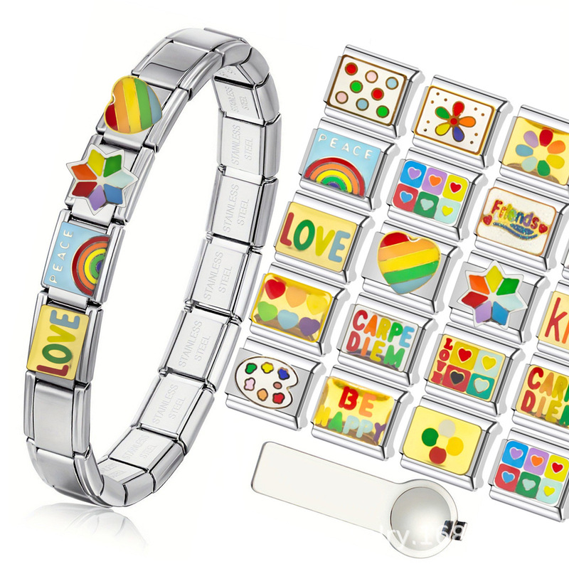 Cross-Border Waterproof Welded Elastic Bracelet Rainbow Series DIY Stainless Steel Italian Module Bracelet Jewelry Accessories