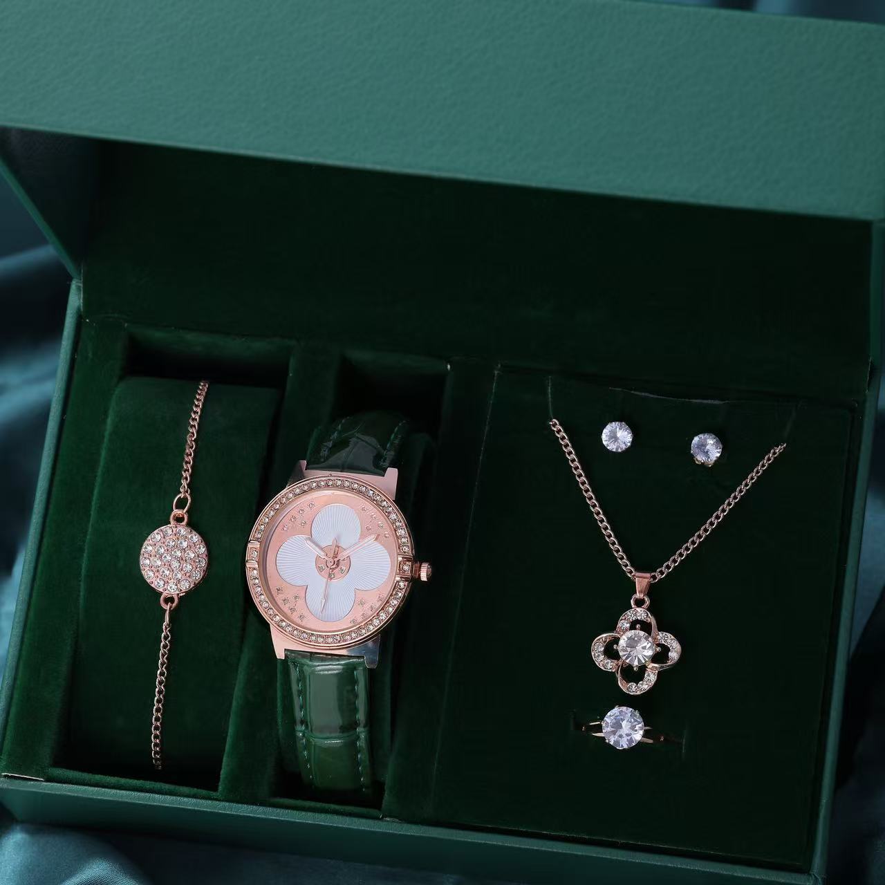 meibin新款礼盒装时尚真皮手表四叶草女表满天星手链项链耳钉戒指