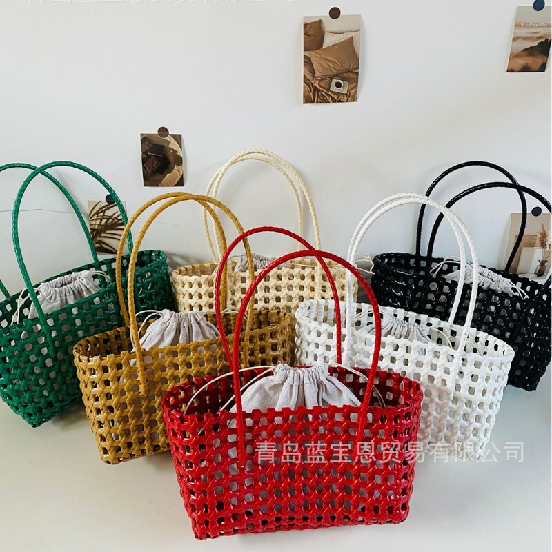 Handbag with Hollow Woven Design, Vegetable Basket Bag, Pvc Commuter Tote Bag, Hand-Held Bag, Beach Vacation Straw Bag