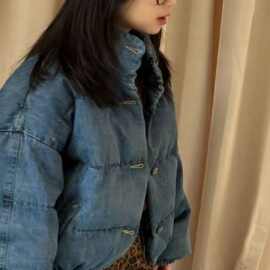 黁白棉服2025秋冬宝宝短款蓝色立领儿童宽松牛仔面包