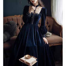 法式赫本风蓝色丝绒洋装子女秋季在逃公主古著vintage生日礼服