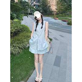 出口折扣店尾货夏季新款时髦无袖马甲+松紧腰短裤两件套