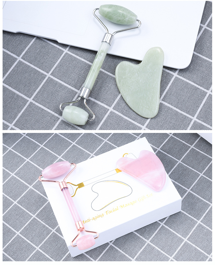 Wholesale natural jade powder crystal cylinder scraping board massage rod face roller jade set universal for full body