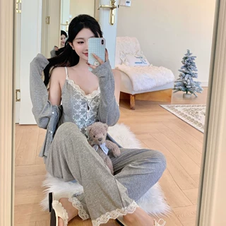 带胸垫睡衣女士秋季长袖睡衣四件套蕾丝花边韩式吊带家居服睡衣