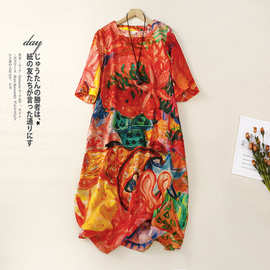 实拍 通勤复古圆领苎麻显瘦连衣裙女夏手绘慵懒度假风棉麻裙子