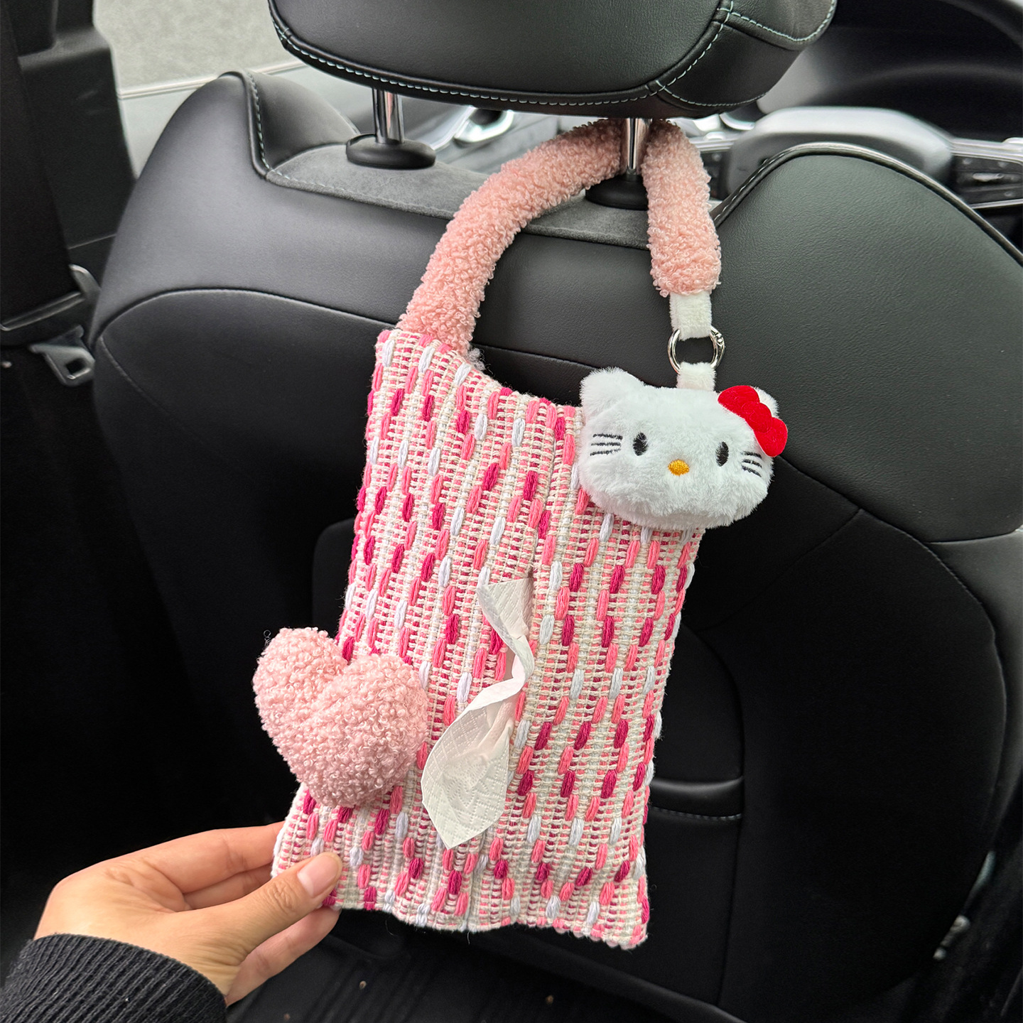 Caja de toallas de coche adorable Kitty caja de toallas de extracción creativa asiento trasero del automóvil bolsa colgante de almacenamiento de toallas image 4