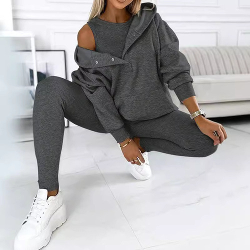 Women's Sporty Casual Hooded Sweatshirt, Ribbed Slim-Fit Vest, and Pants – 3-Piece Set