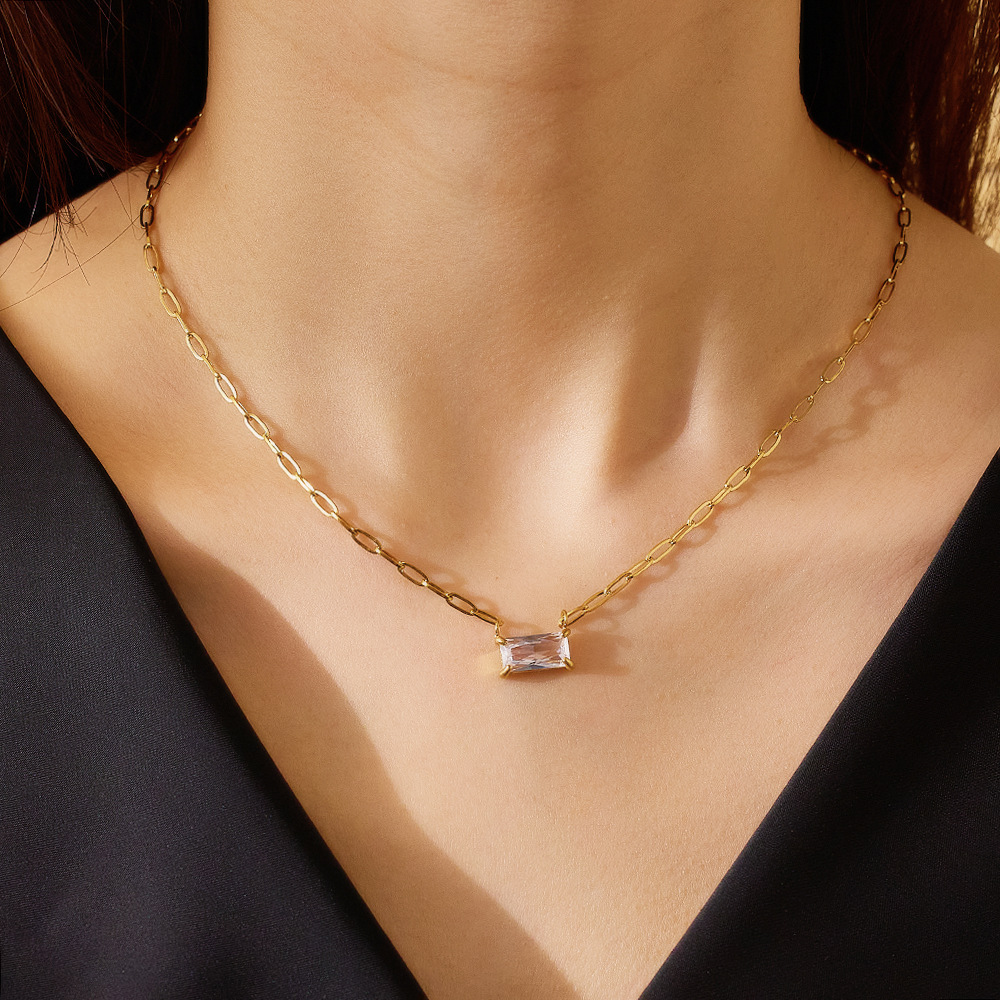 12g Weight Real Gold Plated Plating Material Zircon Inlay Material Necklace Classification 1 Piece Quantity Daily, Street Occasion 304 Stainless Steel Material Rectangle Pattern Women's Gender IG Style, Simple Style Style Waterproof Non Tarnish, Inlay Craft Real Gold Plated Rectangle 304 Stainless Steel IG Style Simple Style Waterproof Non Tarnish Necklace 2