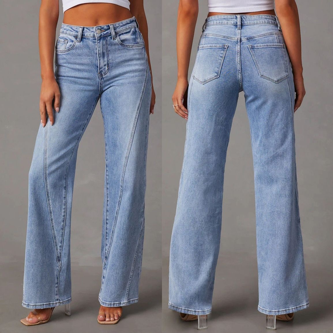 2023 European and American Style Cross-Border Amazon New Fashion Loose Spliced Wide-Leg Women's Jeans 32149