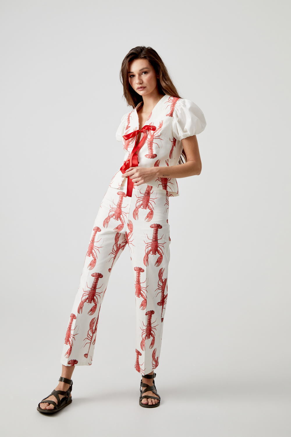 112g Weight Short Sleeve Sleeve Length Polyester Fabric Type Pant Co-ord Set Sets Type 2 Pieces Set Quantity Holiday Occasion V Neck Neckline Regular Fit Fit Type Lobster Pattern Summer Season Women's Gender Printing Design Streetwear Style Holiday Women's Streetwear Lobster Polyester Printing Pant Co-ord Set Pants Sets 5