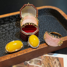 天然粉水晶双层开口戒指二代蜜蜡宫廷风复古高级vintage戒指跨境