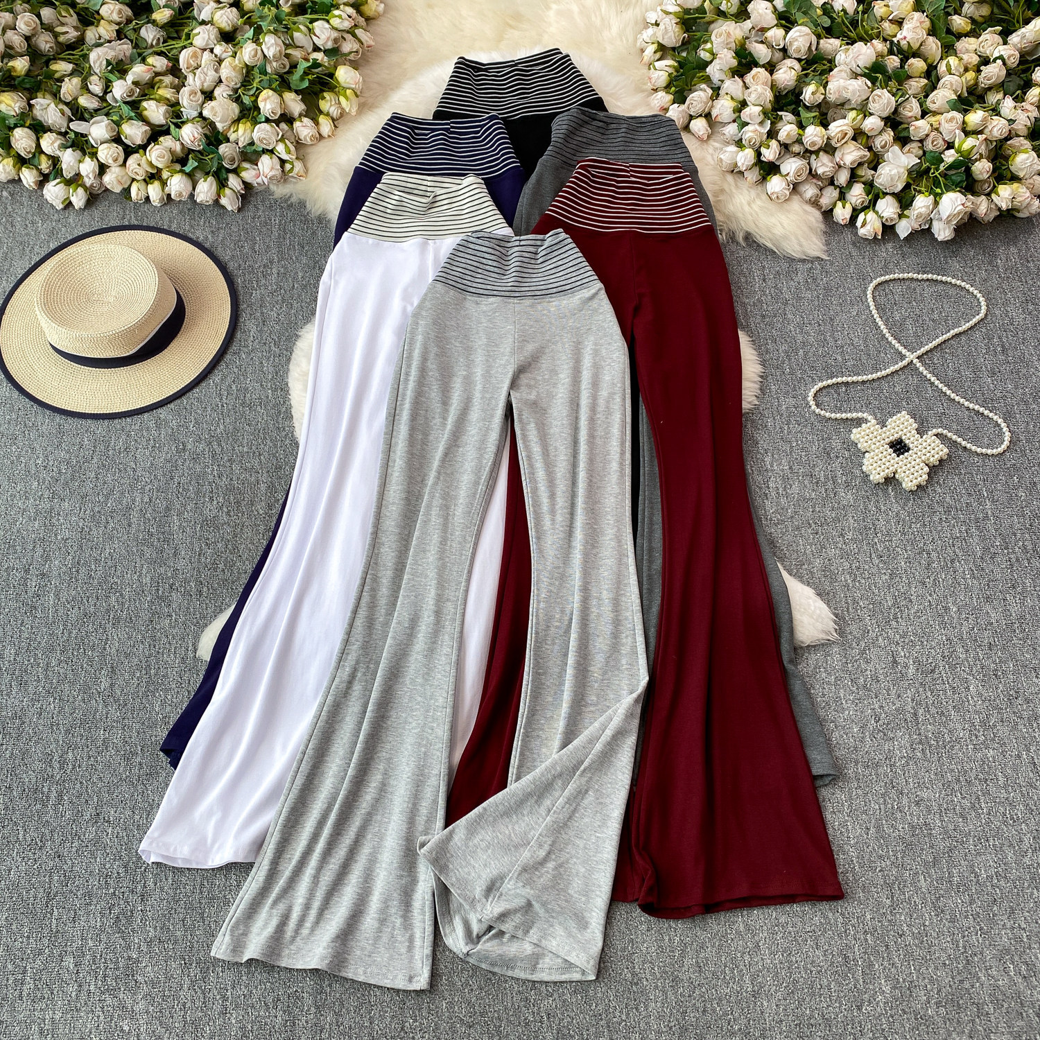 Korean Style High-Waisted Striped Flared Pants Women's Slimming Elongating Summer Bottoms Simple Stylish Polyester Capris_ecoleips.com