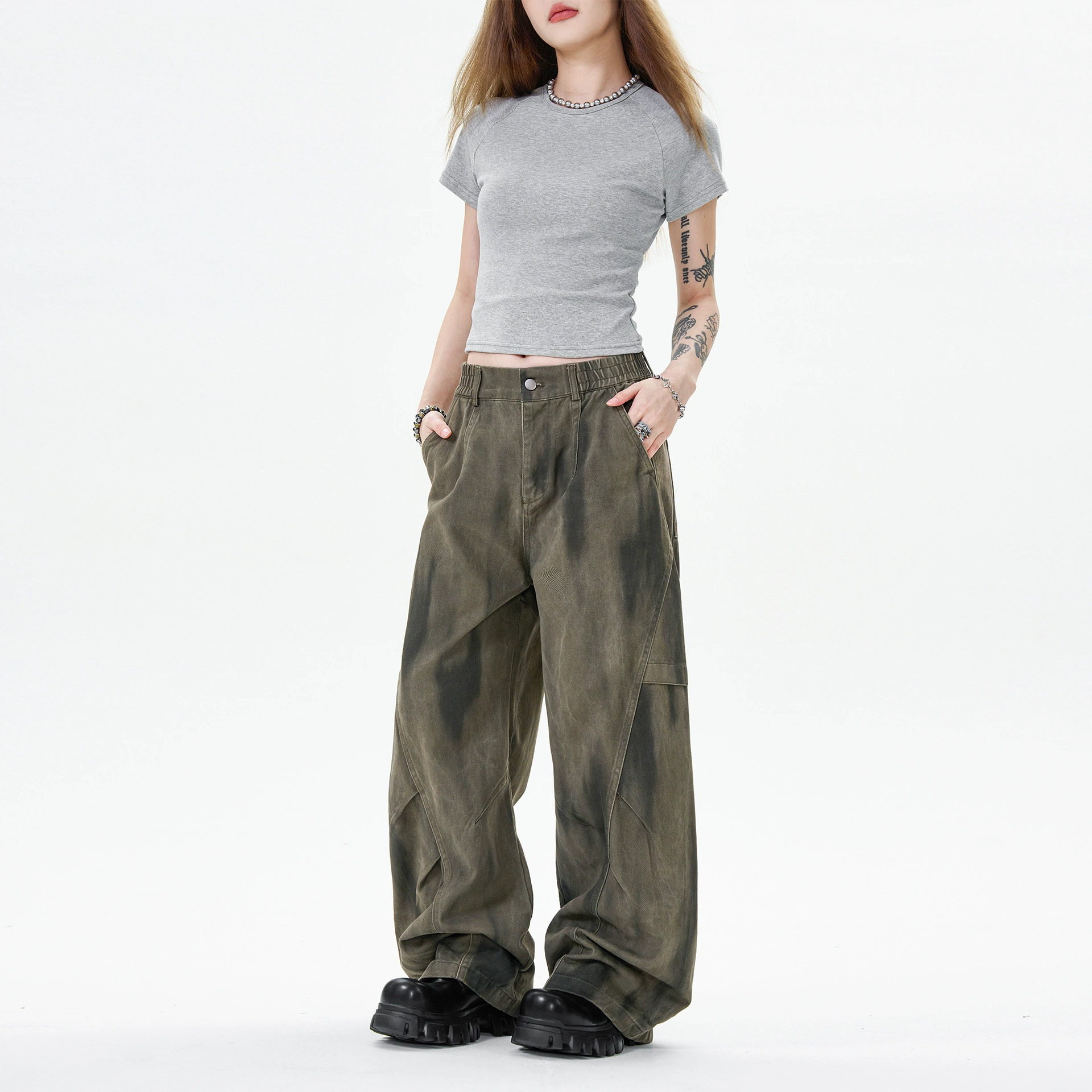 Cotton trousers, gradient, loose straight fit