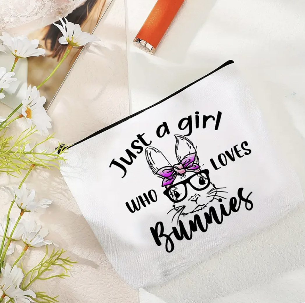 Transfronterizo Amazon temu bolsa de cosméticos de conejo impresión de doble cara en inglés de dibujos animados bolsa de lavado de viaje algodón y lino de gran capacidad