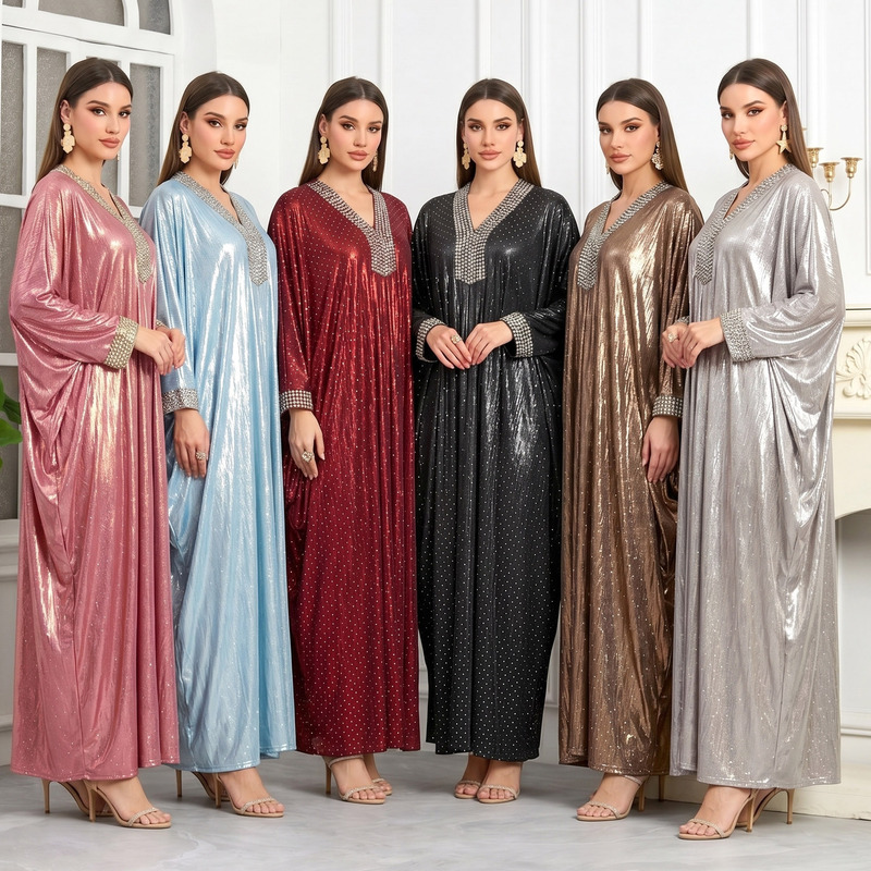 In-Stock Foreign Trade Fashion V-Neck Rhinestone-Embellished Long Gown Batwing Sleeve Rhinestone Dress Cross-Border Women's Clothing Wholesale Ad260122 In-Stock Foreign Trade Fashion V-Neck Rhinestone-Embellished Long Gown Batwing Sleeve Rhinestone Dress Cross-Border Women's Clothing Wholesale Ad260122