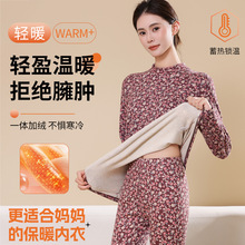 秋冬印花羊绒蚕丝保暖内衣加厚套装中老年女士秋衣秋裤圆领修身厂