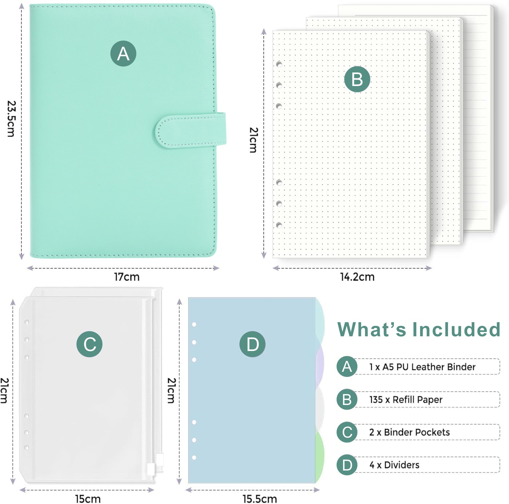 A5 마카롱-그린 (지퍼백 2개 + 컬러 페이지 카드 4개 + 도트 매트릭스 90개 + 가로줄 45개)