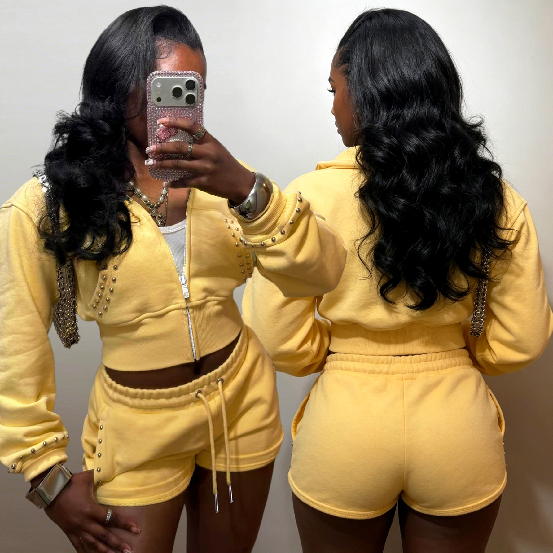 S391631 Cross-Border Women's Clothing Rivet Sportswear Set Yellow Zipper Sweatshirt Jacket Drawstring Shorts Two-Piece Set