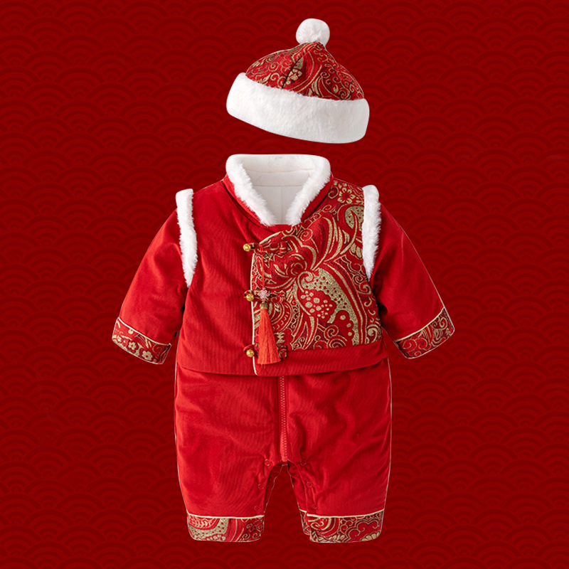 Ropa de bebé invierno nueva engrosada mono caliente niño bebé captura semana vestido estilo chino Tang traje Año Nuevo saludo ropa