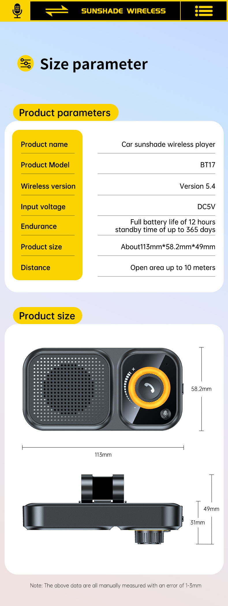 New Bt17 Sun Visor Bluetooth Car Hands-Free Call Noise Reduction Intelligent Sensor Vibration Boot Siri Voice 3W