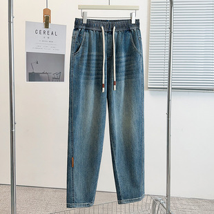 Early spring 300kg plus size high waist stretch Denim leggings women chubby girl slim Joker elastic waist dad pants