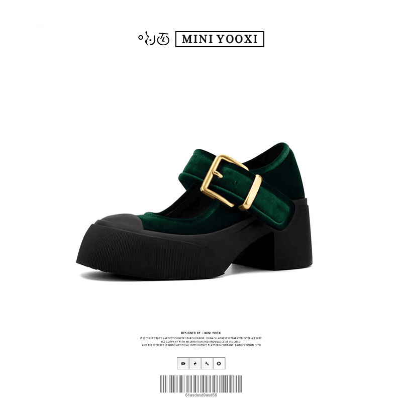 Thick-Soled One-Line Buckle Retro Mary Jane Shoes for Women 2024 Autum New Velvet Cloth Fashion Thick Heel High-Heeled Shoes for Women