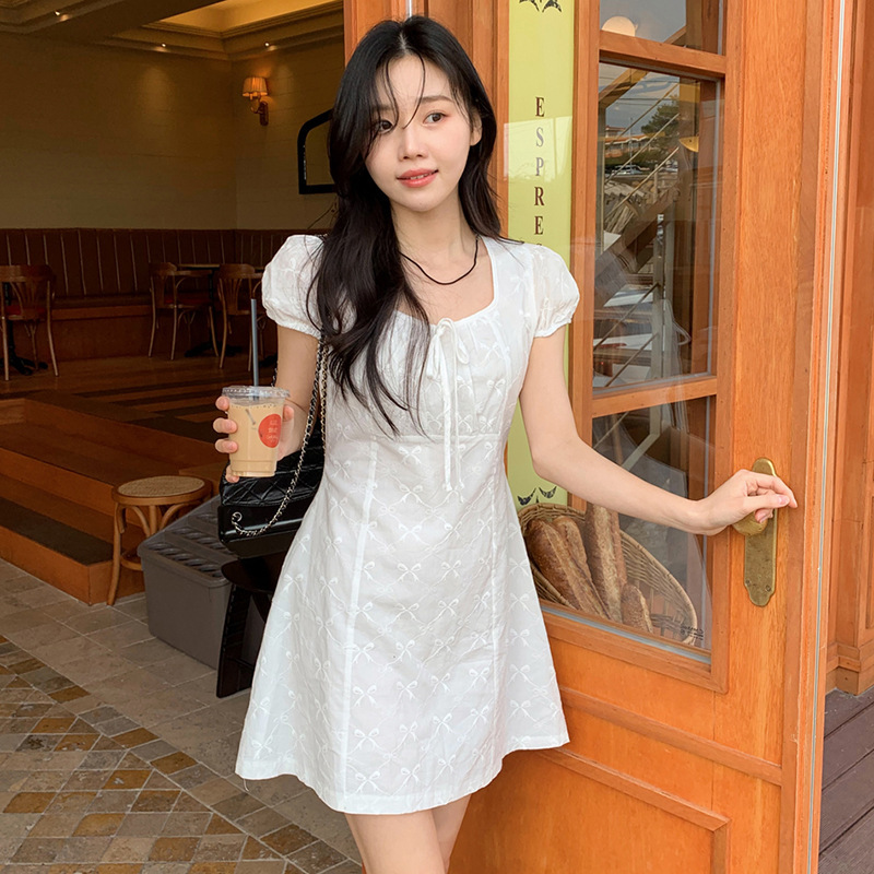 Summer New Korean Cute Age-Reducing Bow Tie Dress Short Skirt Slimming Versatile Korean Style Retro