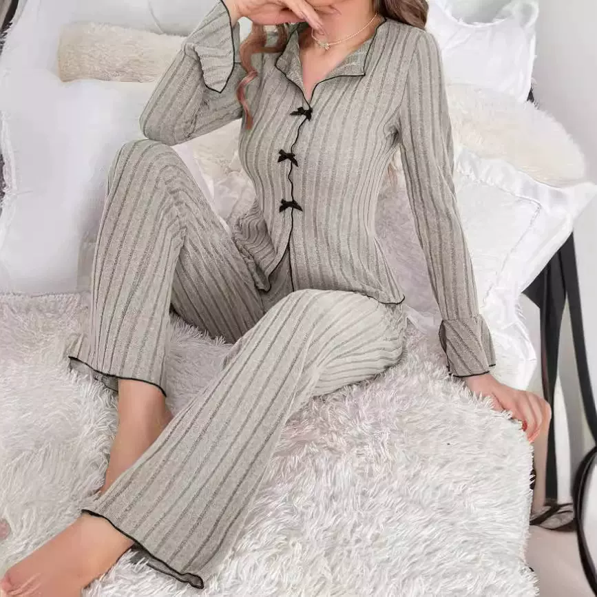 欧美跨境睡衣女两件套秋冬款居家休闲时尚可外穿家居服套装女