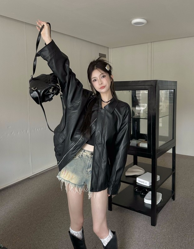 高级感美拉德咖色皮衣外套女秋冬美拉德皮夹克宽松百搭机车服上衣|undefined