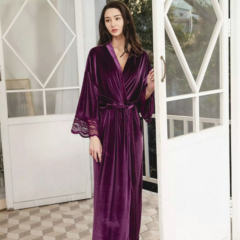 Women's long-sleeved velvet nightgown, winter and spring sexy strap nightdress, Palace style home wear, gold velvet pajamas