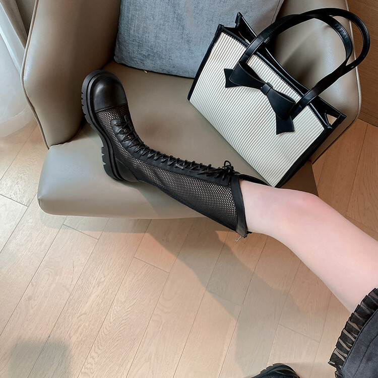 Boot lưới da thật cổ cao đế dày thoáng khí mùa xuân hè phong cách kỵ sĩ buộc dây — Màu nâu ống lớn, Màu đen cổ ống lớn, Ống nhỏ màu đen, Ống nhỏ màu be chi tiết 84