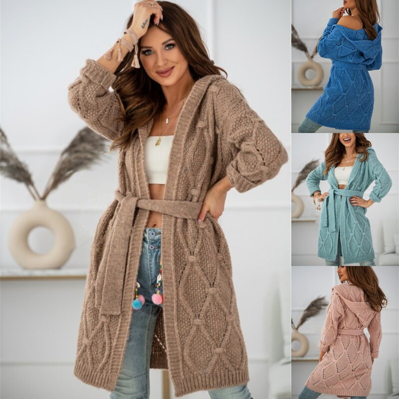 2024 New Amazon Knitted Hoodie Long Sleeve Casual Cardigan Sweater Jacket Women's plus size Women's Belt 8 Color