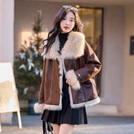狐狸毛拼接麂皮绒羽绒服2024年新款冬季小个子显瘦白鸭绒外套女